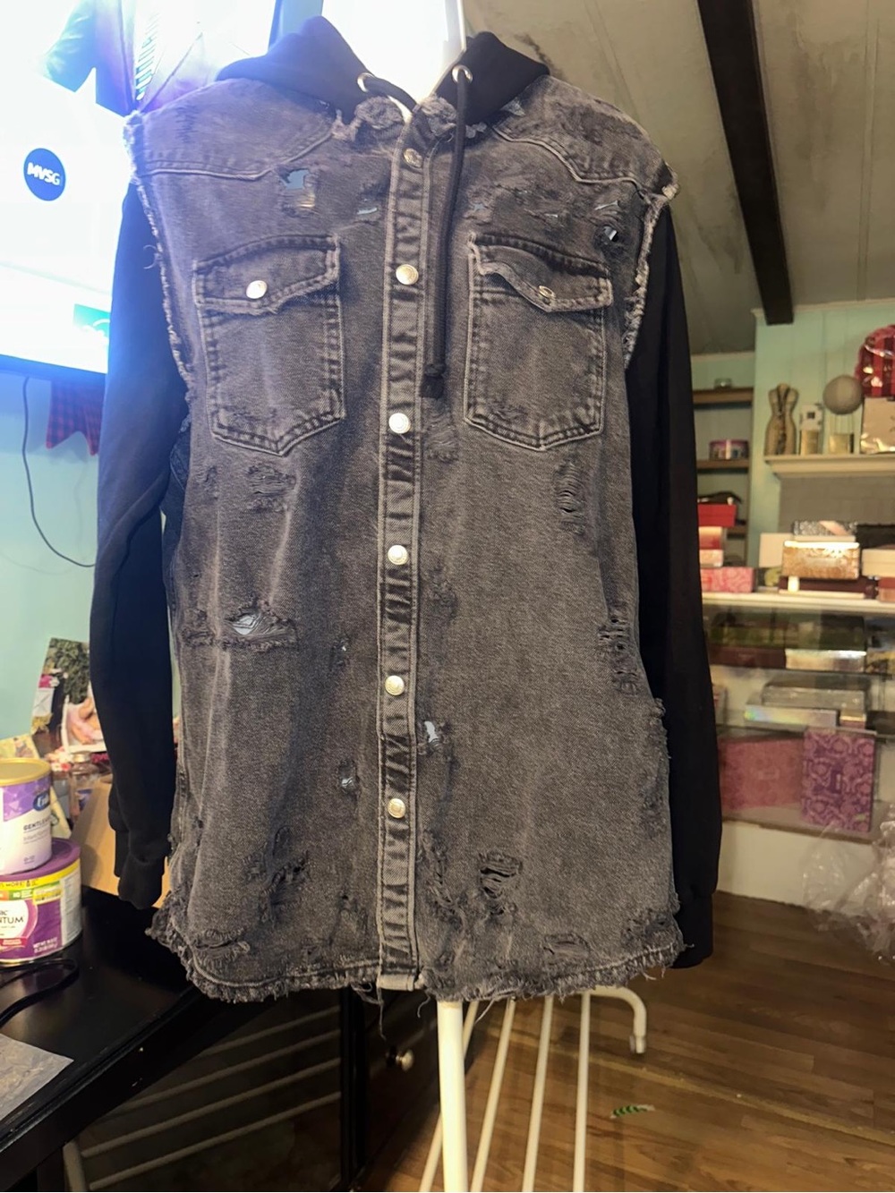 Zara Relaxed Fit Dark Gray Denim Jacket with Hooded Layer